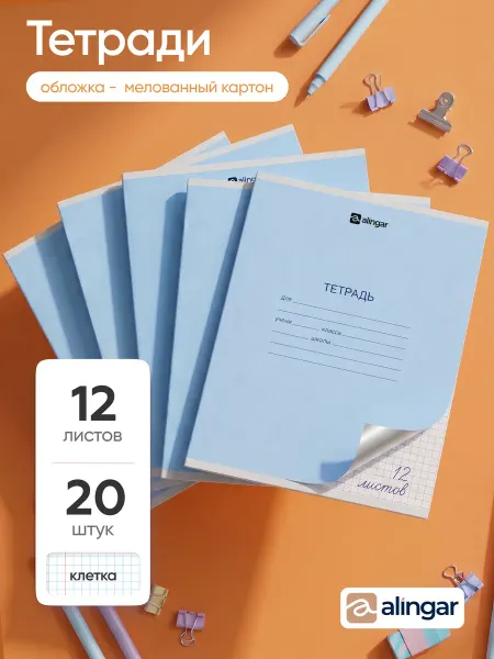 Alingar Тетрадь в клетку 12 л, школьная, 20 шт