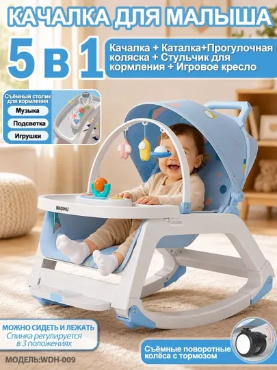 Детское кресло 3в1: шезлонг, стульчик, качалка, музыка, колёса, безопасное, складное