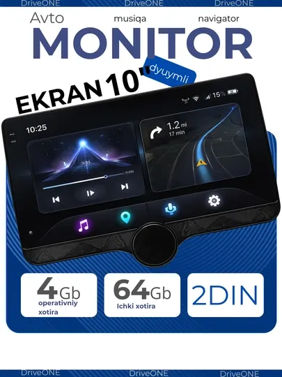 Автомагнитола DriveONE 10″ QLED, 4GB 64GB ROM, 2 DIN, GPS, Android