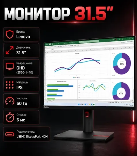 Монитор Lenovo 63D3GAT1EU 31.5" IPS 60Hz QHD