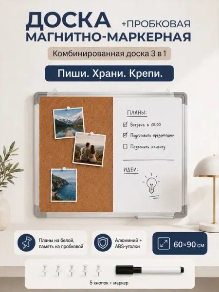 BY CHOICE Доска магнитно-маркерная и пробковая на стену 2 в 1 60×90см