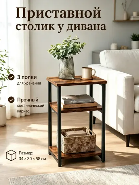 Прикроватная тумба деревянная с полками на металлокаркасе