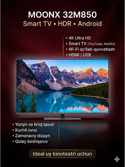 Телевизор, телевизор смарт 32 MOONX 32M850 Smart TV 32” — Android, HDR, Wi-Fi, YouTube