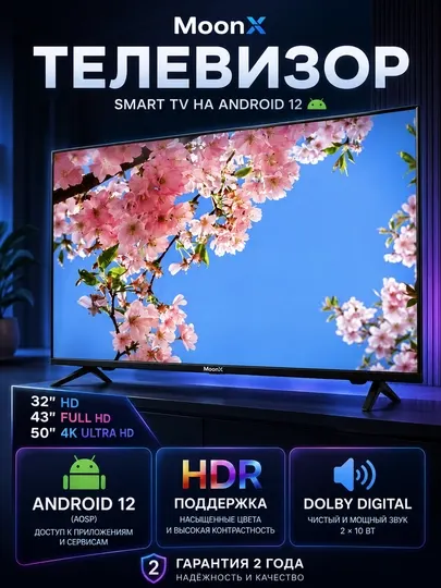 Телевизор MoonX 50" 4K, 43" Full HD, 32" HD, Smart TV, Full HD Wi-Fi, голосовое управление