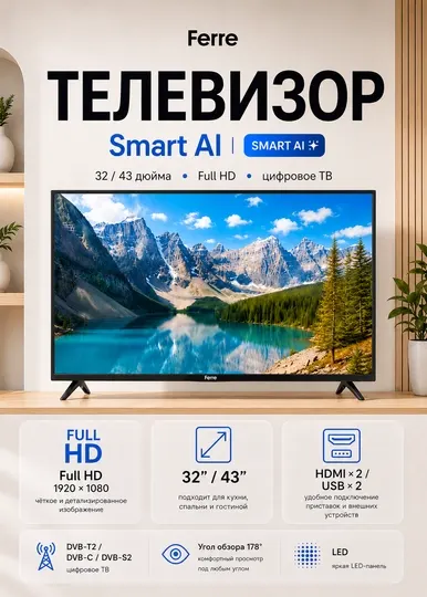 Телевизор FERRE 32/43 Smart AI Full HD LED DVB-T2 HDMI USB цифровое ТВ