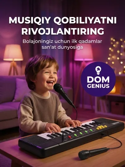 Детский электронный синтезатор DOM GENIUS с микрофоном, 32 клавиши