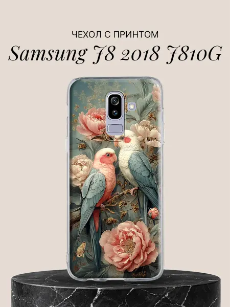 Samsung Чехол на J8 2018 J810G с принтом Попугаи с пионами