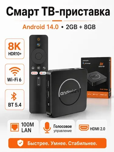 Смарт ТВ приставка для телевизора Wi-Fi 2 8 ГБ Андроид 14 8K