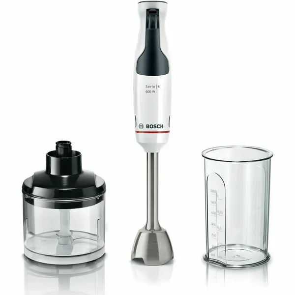 Погружной блендер Bosch MSM4W421: мощность 800 Вт, белый, металлическая ножка, комплект: венчик, чаша, нож
