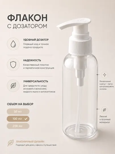 Емкость для жидкостей с дозатором, флакон для мыла, лосьона, антисептика 50-200 мл