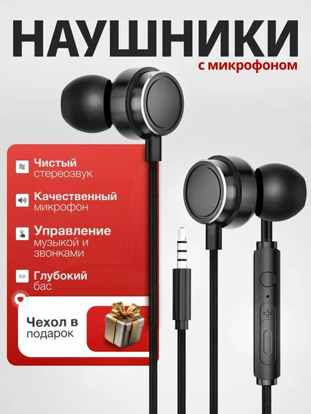 Проводные наушники HAPPYAUDIO, с микрофоном, с пультовым управлением, вакуумные, черные