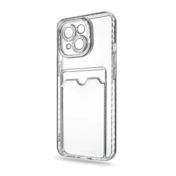 Чехол на Apple iPhone 15 с защитой камеры и карманом для карт (кардхолдер), силиконовый, прозрачный