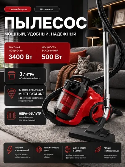 Пылесос Power Cyclone 3400W, со стаканом, 3L, с телескопической трубкой, HEPA фильтр