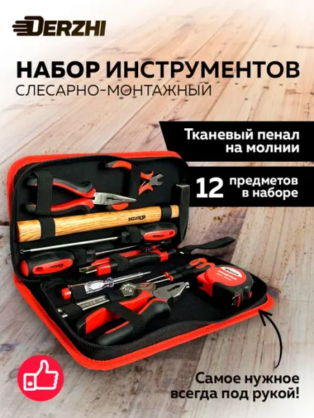 DERZHI Набор инструментов для дома, дачи и авто, 12 предметов