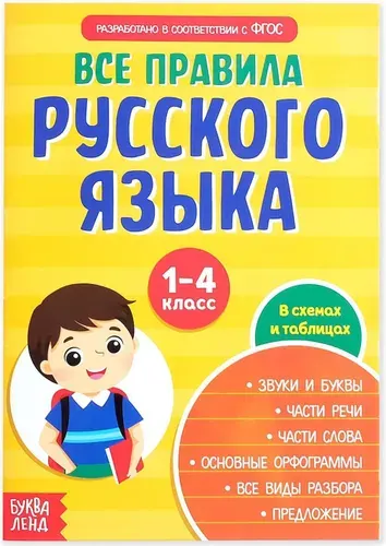 Сборник шпаргалок "Все правила по русскому языку для начальной школы" для детей, конспект с правилами и примерами, справочник в таблицах и схемах, 36 страниц
