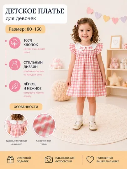 Детское платье для девочки, нарядное летнее платье, хлопок 1-5 лет
