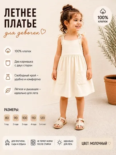 Летнее платье для девочек хлопковое, свободный крой, карманы с двух сторон