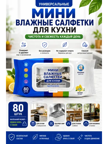Влажные салфетки для уборки кухни от жира 80 шт