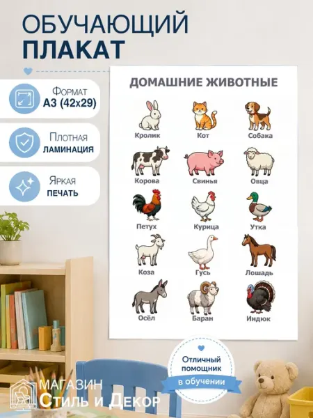 Нет бренда Домашние животные плакат обучающий А3 (42×29 см)