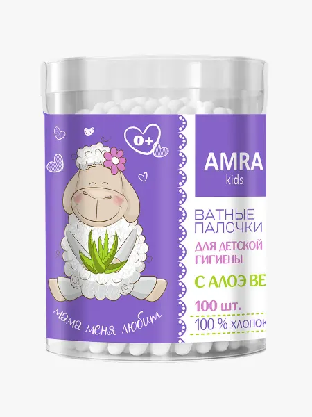 AMRA Ватные палочки для детской гигиены с алоэ вера (банка), 100…