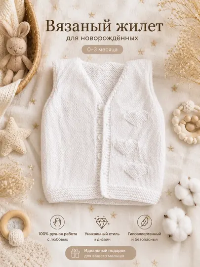 Вязаный жилет для новорождённых, 0–3 месяца, ручная работа