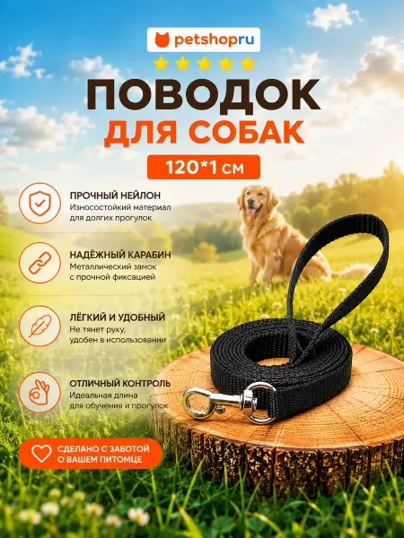 PetShop Поводок для собак нейлоновый "Турбо", черный, 120*1 см