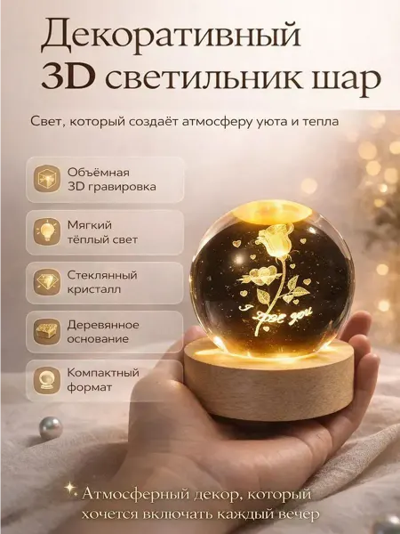 БудетНадо Детский ночник стеклянный шар с 3D гравировкой