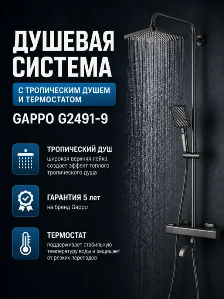 Gappo G2491-9 Душевая система термостатическая оружейная сталь