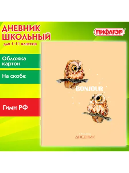 Пифагор Дневник 1-11 класс 40 л, на скобе, "Совушки", 8 штук