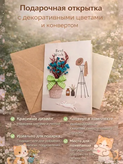 3D Поздравительная подарочная открытка с цветами, крафтовый конверт для подарка handmade