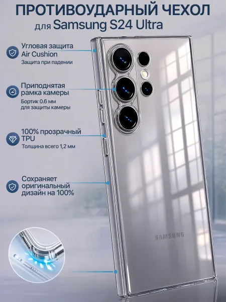 Samsung Чехол на Galaxy S24 Ultra 5G прозрачный силиконовый