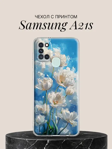 Samsung Чехол на A21s с принтом Белые тюльпаны в небе