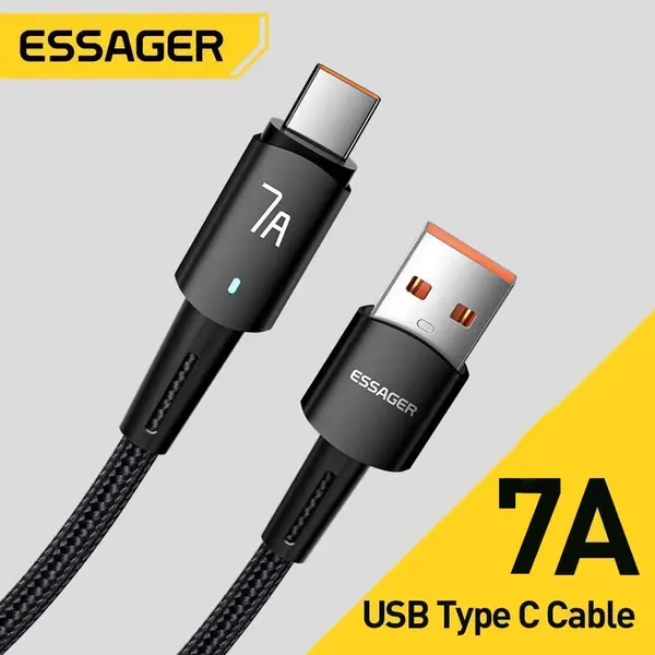 Кабель Essager USB - Type-C, PD 100W, 7 Aмпер, 1 метр, индикатор, быстрая зарядка для Huawei, Xiaomi, Samsung, Oppo
