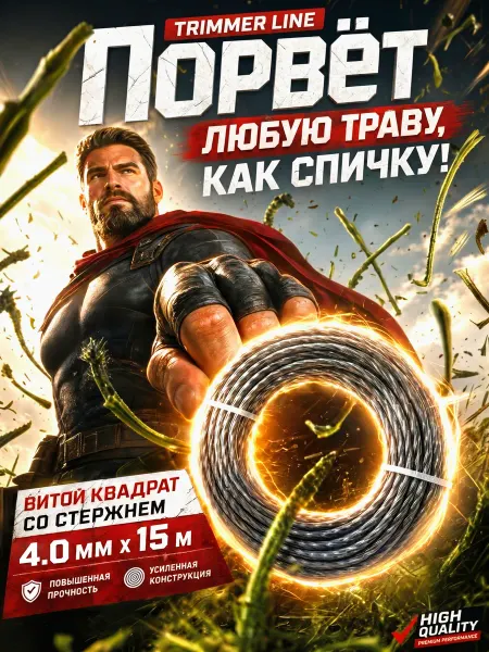ГРАКС Леска для триммера 4.0 мм усиленная витой квадрат с жилой
