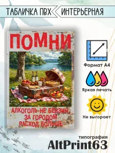Табличка интерьерная "Помни! Алкоголь не бензин", А4
