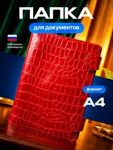 Папка для документов семейная с файлами А4 с магнитными хлястиками из натуральной кожи, красный крокодил
