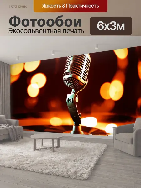 LotsPrints Фотообои "Ретро-микрофон в окружении виниловых." 6x3м