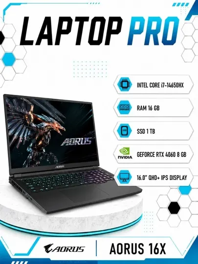 Ноутбук AORUS 16X Intel® Core™ i7-14650HX RAM 16GB SSD 1TB RTX™ 4060 8 GB 16.0″ QHD+ IPS