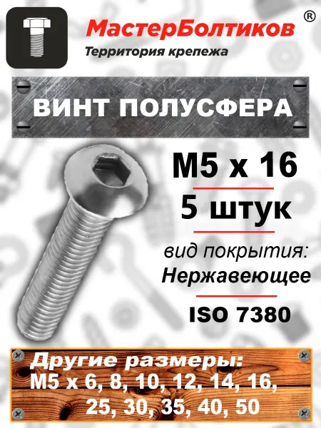 МастерБолтиков Винт п сф M5х16 внутр. шестигранник нержавеющий А2 (5 шт)