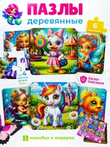 Пазлы для детей по 4 детали деревянные, набор "Для девочек Принцессы" 6 картинок