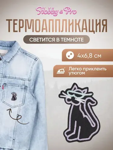 Термонаклейка для одежды светящаяся в темноте, Модный кот, 4*6,8 см, Hobby&Pro