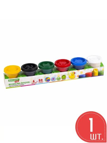 BRAUBERG KIDS Пластилин-тесто для лепки, 6 цв, 300 г, крышки-штампики