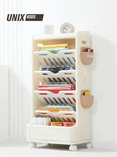 Детский стеллаж для книг UNIX Kids Babyrack 4 / Детская полка органайзер Монтессори для учебников, тетрадей и канцелярии напольный 81 см, тумба для игрушек в детскую на колесиках