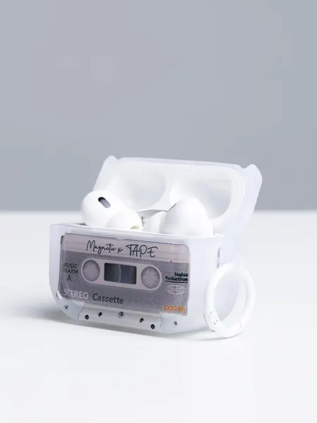 Чехол "Кассета " зеленый, для AirPods 4 , силикон, полу-прозрачный, с принтом