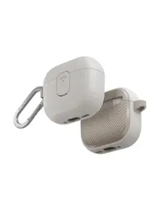 Чехол Uniq для Airpods 4, CLYDE силиконовый с эффектом софт тач с замком с карабином, светло-серый / хаки
