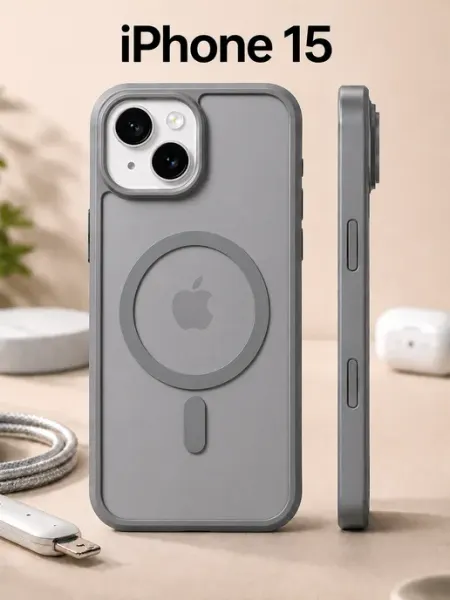Apple Чехол на iPhone 15 MagSafe серый с магнитом
