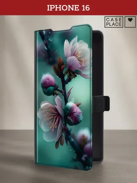 Case Place Чехол-книжка на iPhone 16 с цветочками