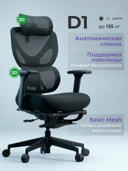 Кресло компьютерное эргономичное ортопедическое для дома и офиса Ergostul D1 Black
