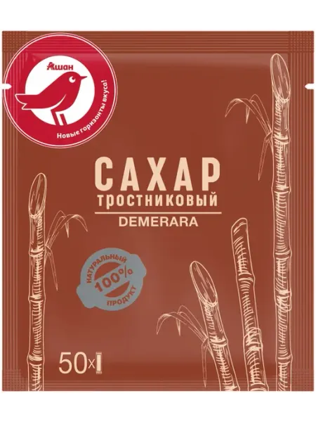Сахар АШАН Красная птица тростниковый в стиках, 5 г х 50
