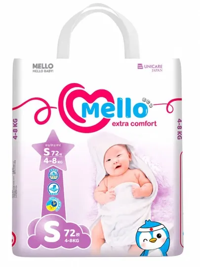Подгузники для новорожденных детей MELLO, S 4-8 кг, 72 штуки